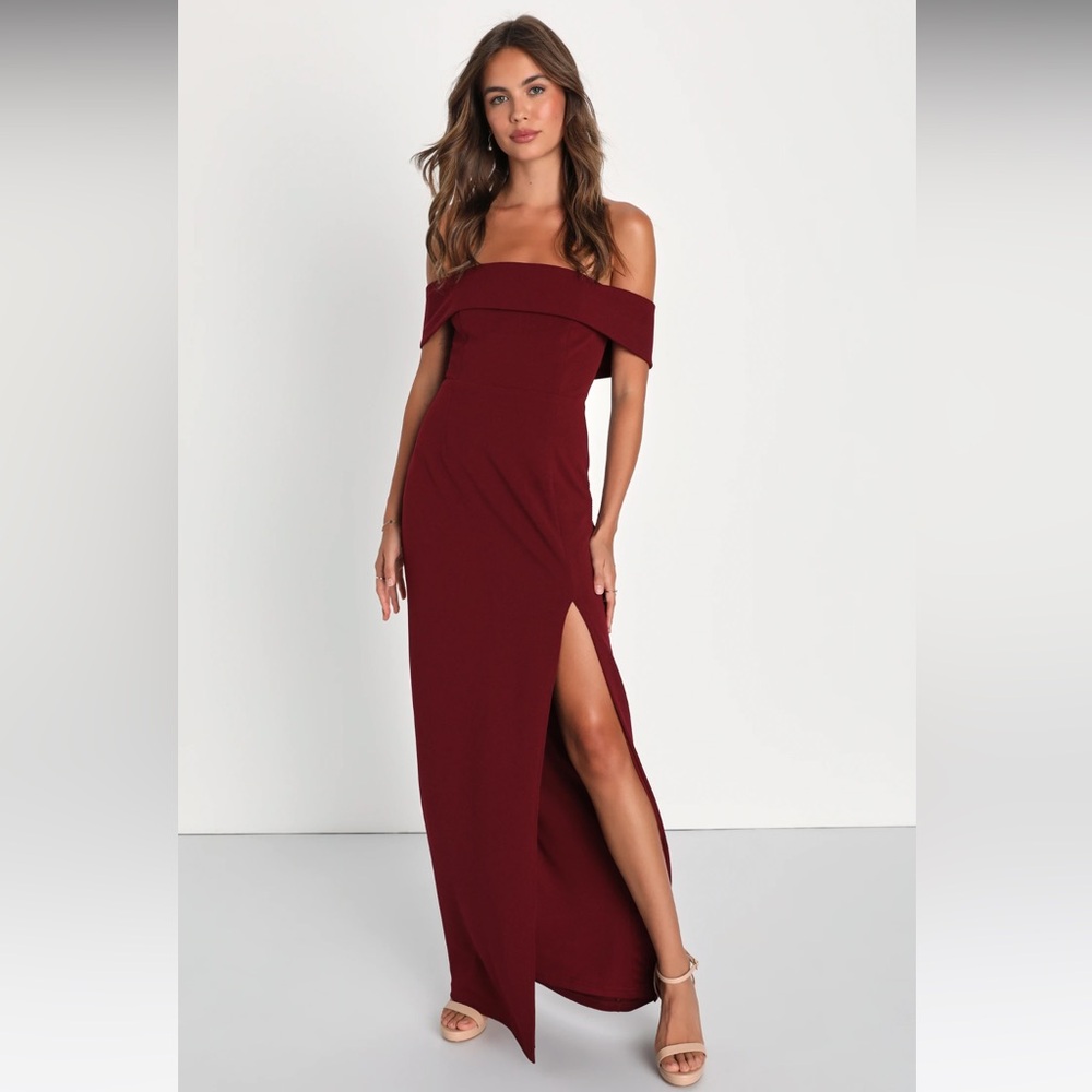 NWOT - Lulus Burgundy Off-The-Shoulder Maxi Dress With Split Hem/Side Slit